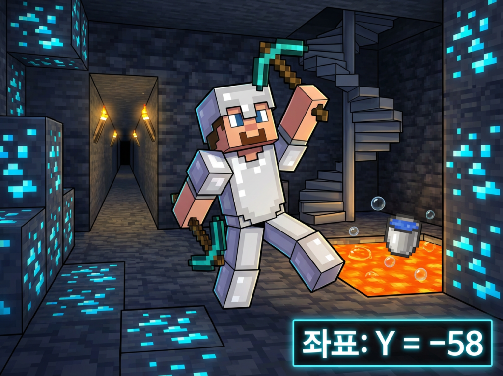 Firefly Gemini Flash 활기차고 흥미진진한 마인크래프트 스타일의 디지털 일러스트레이션. 딥슬레이트(심층암)로 이루어진 어두운 지하 동굴 깊은 곳에서, 철 갑옷을 입은 플레이어