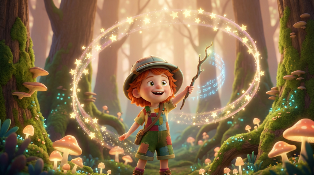 Firefly Gemini Flash A whimsical, Pixar style animation illustration of a cute young explorer child holdin