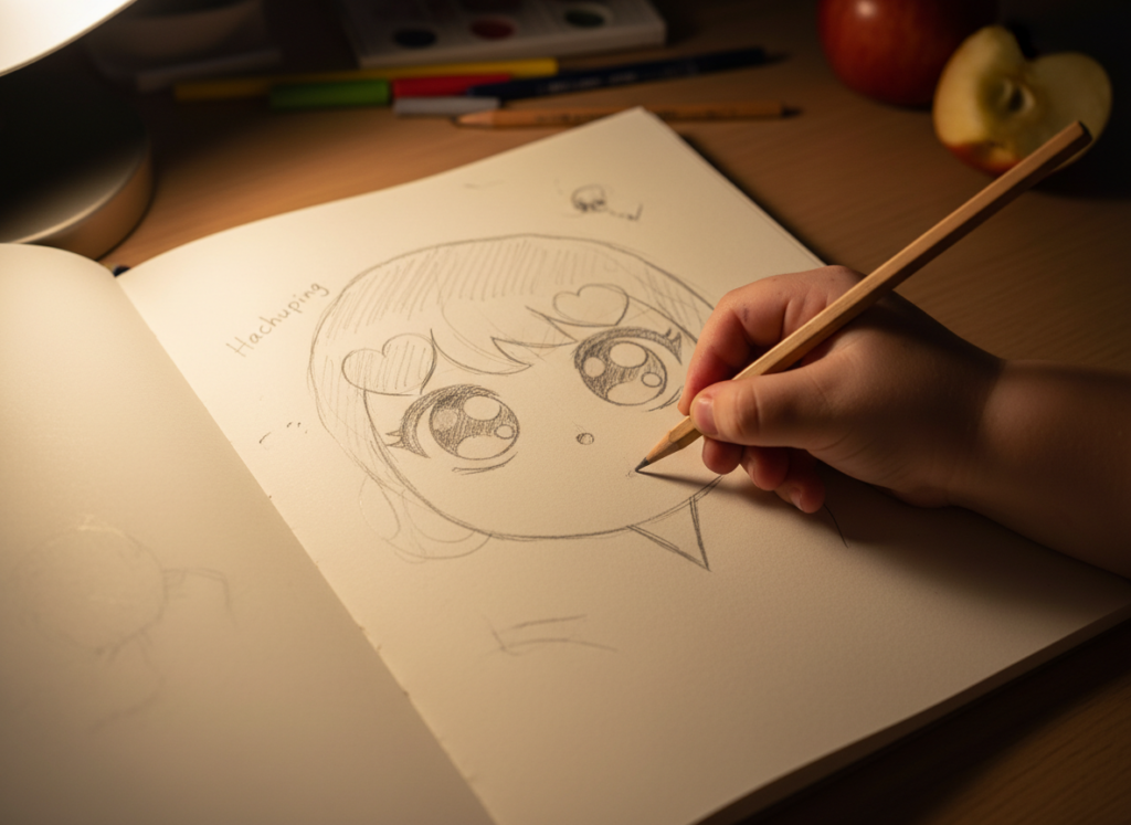 Firefly Gemini Flash Process 1 Sketching Hachuping's Face Prompt A close up view of a sketchbook under