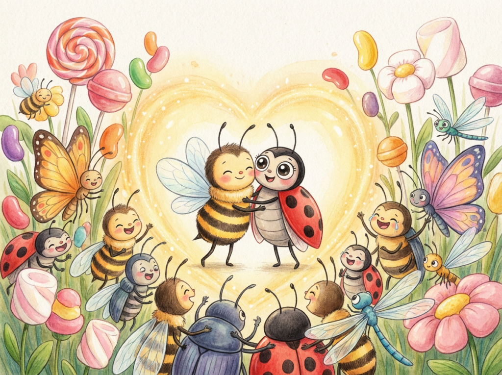 Firefly Gemini Flash 동화책 일러스트 스타일. 알록달록 거대한 사탕 같은 꽃들이 가득한 들판에서, 귀여운 꿀벌 '부우'와 무당벌레 '땡글이'가 중심이 되어 수많은 다른 곤충