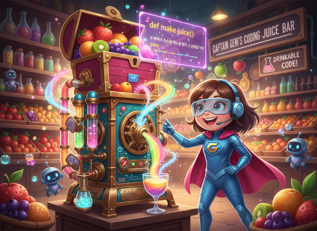 Firefly Gemini Flash 안녕! 친구들! 🚀 슈퍼스타 캡틴 지니야! 오늘은 완전 대박 꿀잼! 🥳 코딩 마법으로 나만의 주스 가게를 열 거야! 🍓🍊🍇 어떤 과일이든 넣으면