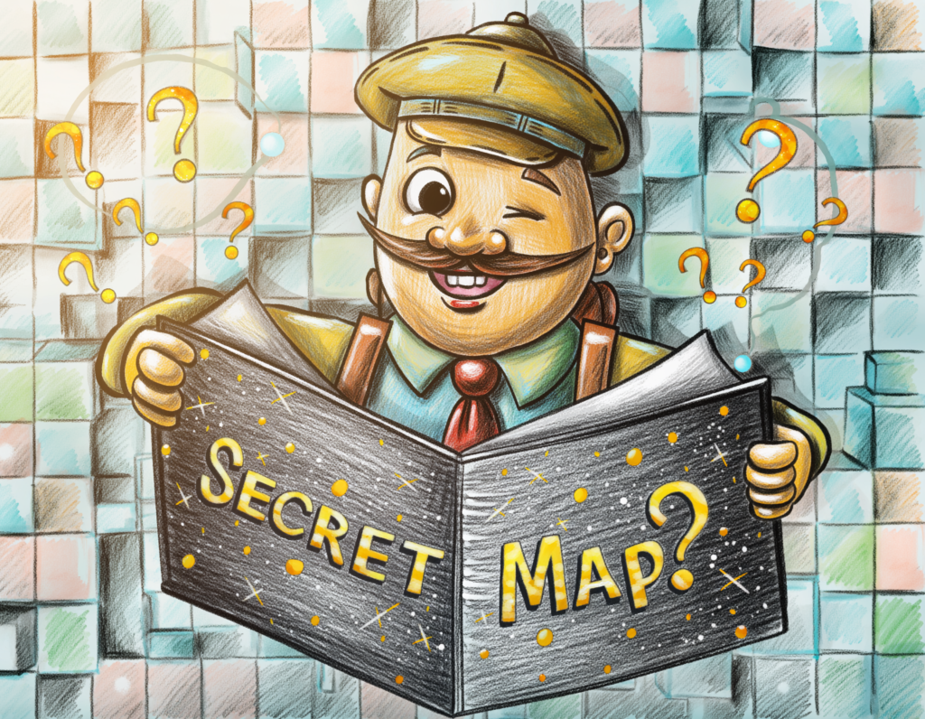 Firefly 따뜻하고 포근한 색연필 질감의 어린이 그림책 일러스트. 명랑한 탐험가 복장을 한 귀여운 캐릭터 '캡틴 지니'가 화면 중앙에서 반짝이는 두루마리 '비밀 지